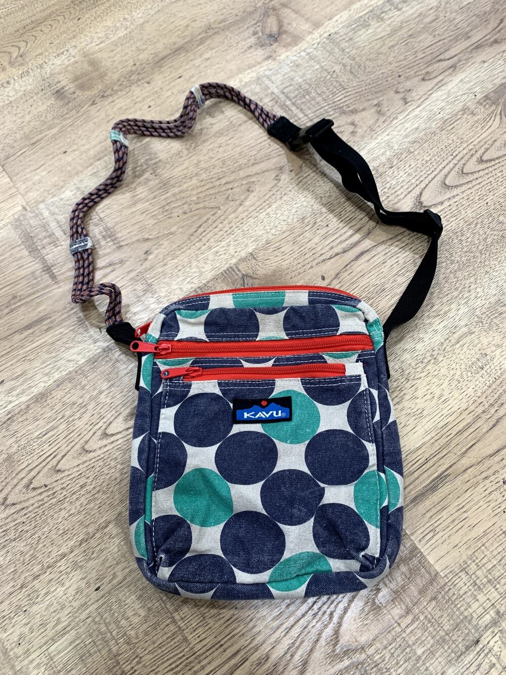 KAVU Crossbody Bag Navy Blue and Teal Polka Dot Print